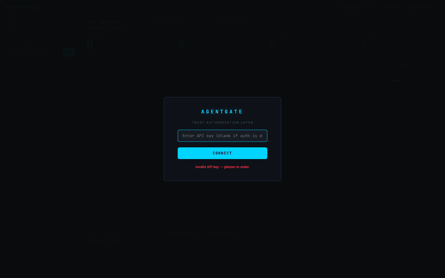 AgentGate Dashboard showing real-time agent decision feed